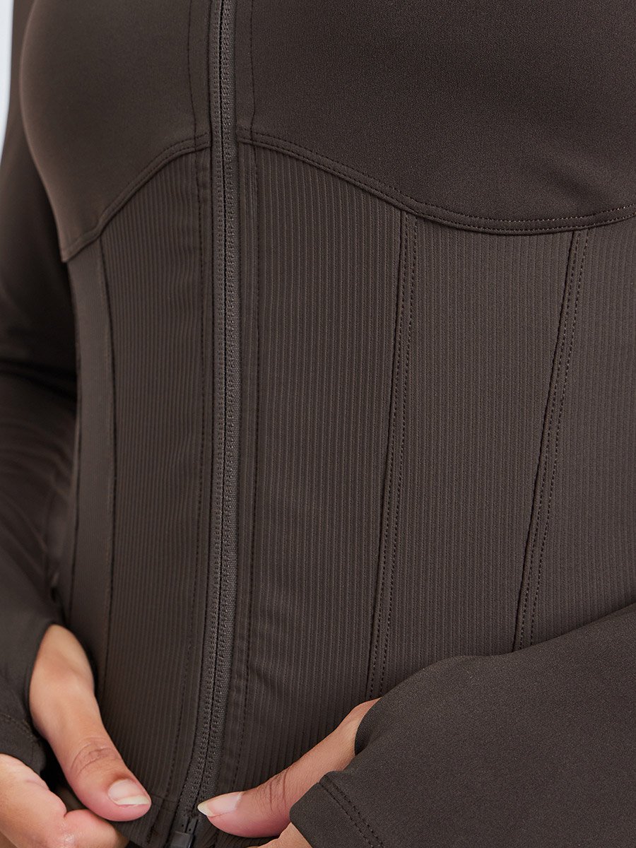 Brown Half Panel Rib Textured Full Zip Up Jacket and Leggings Set