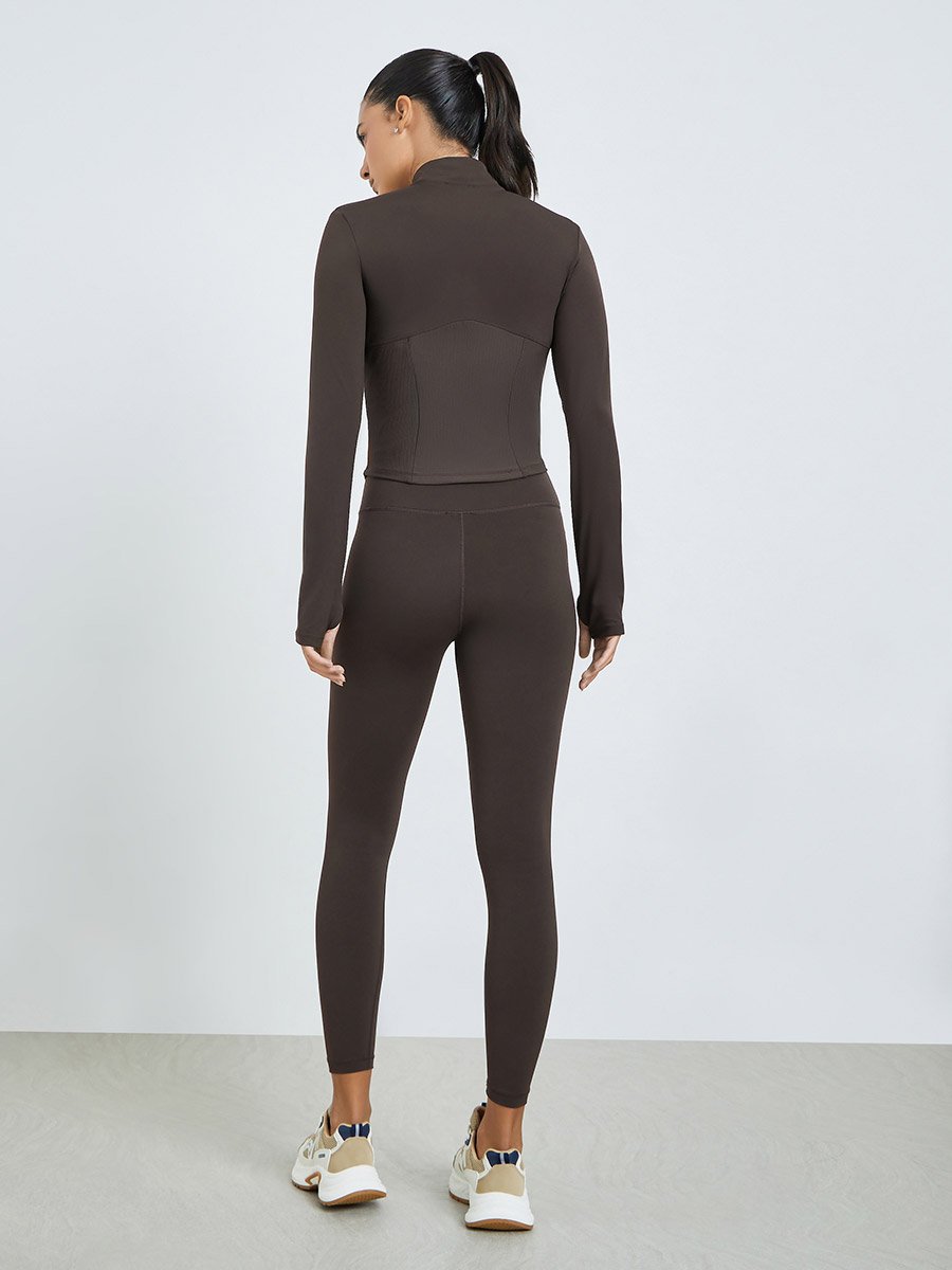 Brown Half Panel Rib Textured Full Zip Up Jacket and Leggings Set