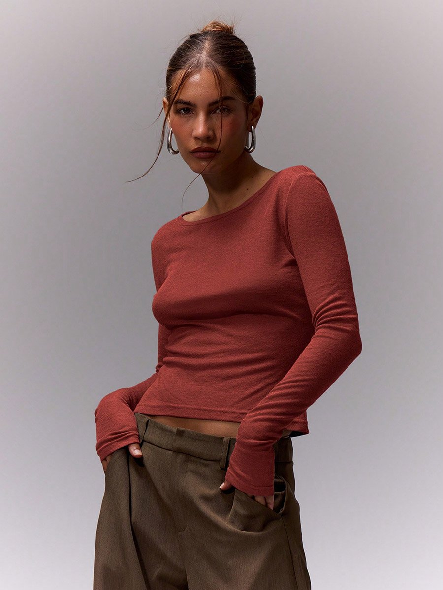 Burgundy Solid Round Neck Long Sleeve T-Shirt