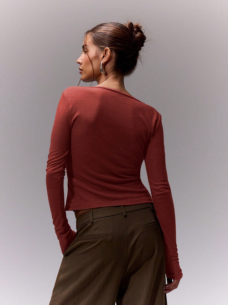 Burgundy Solid Round Neck Long Sleeve T-Shirt