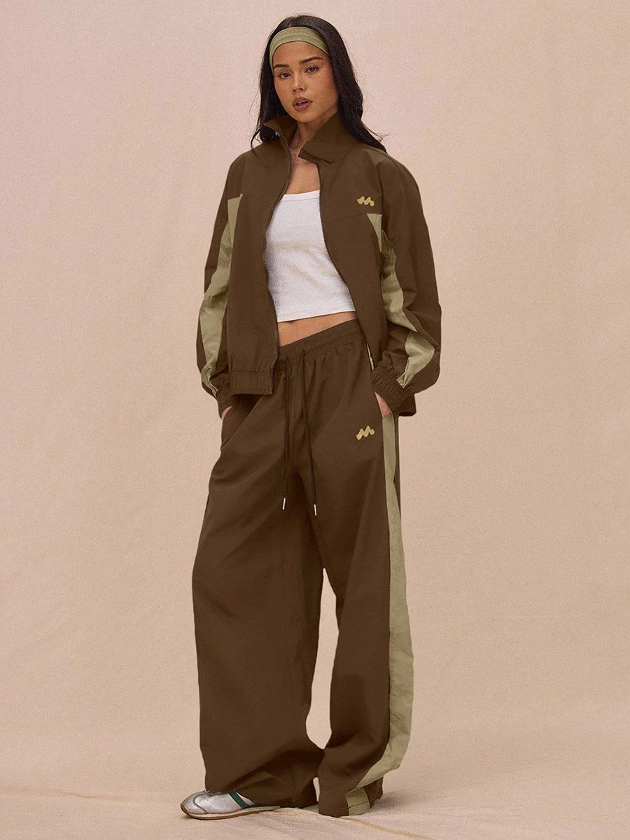 Brown Wide Leg Track Pants with Drawstring