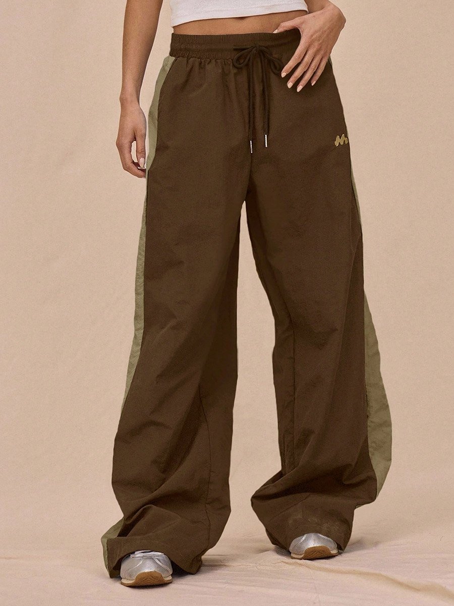 Brown Wide Leg Track Pants with Drawstring
