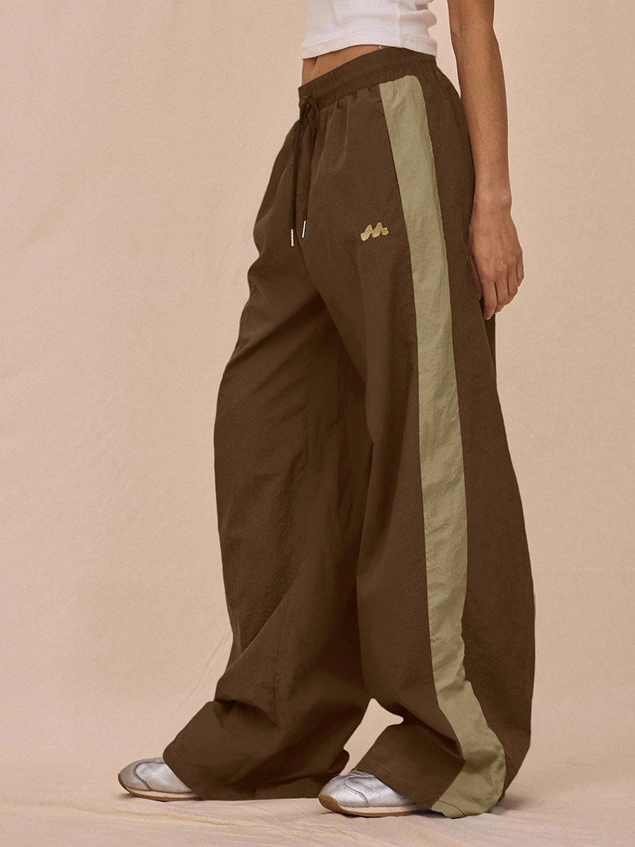 Brown Wide Leg Track Pants with Drawstring