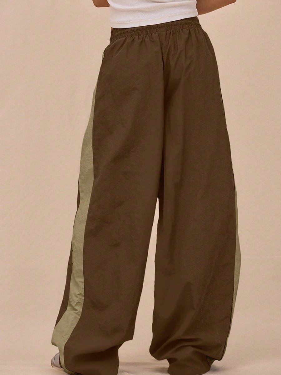 Brown Wide Leg Track Pants with Drawstring