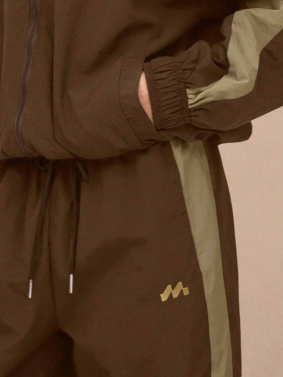 Brown Wide Leg Track Pants with Drawstring