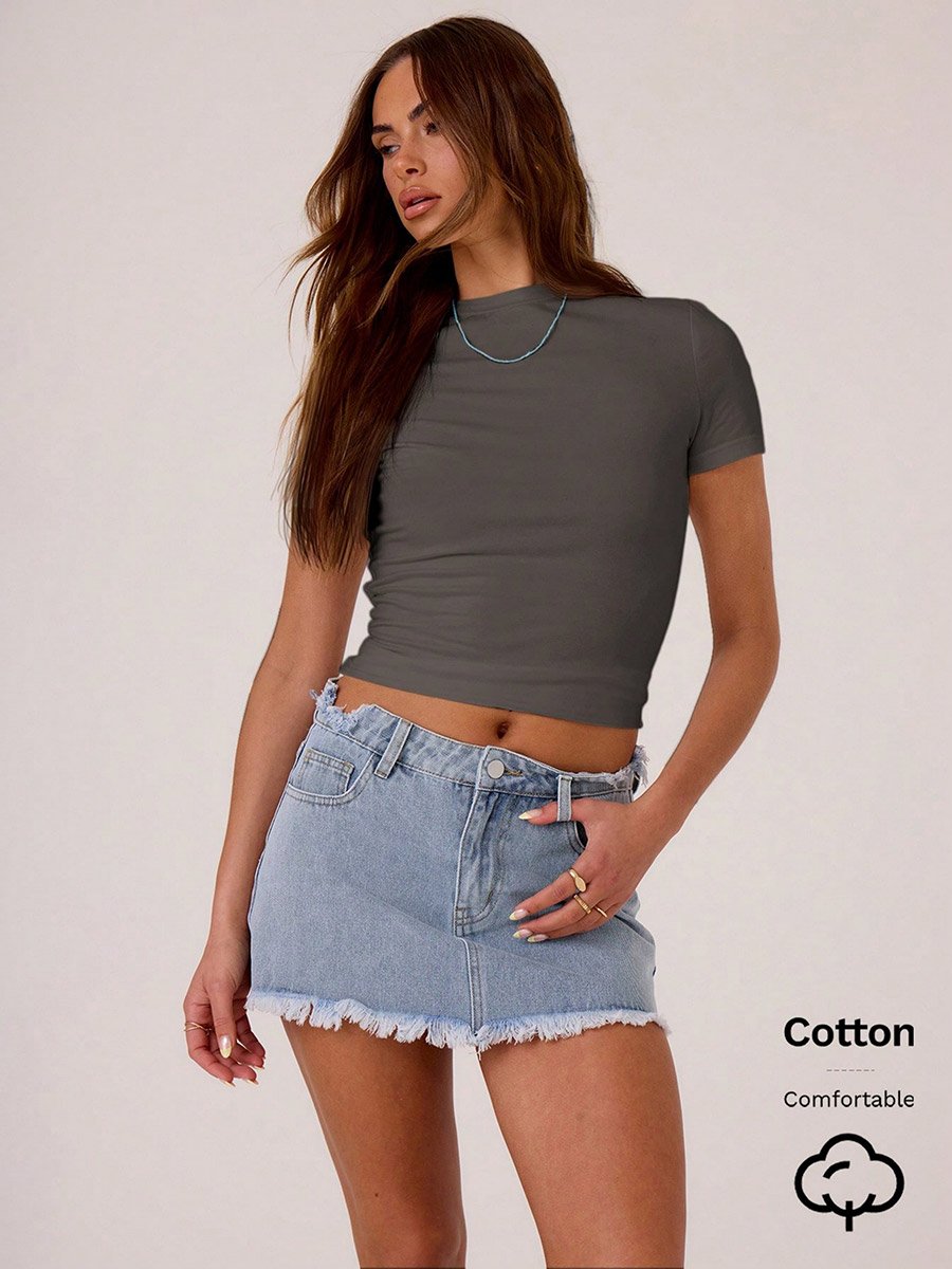 Charcoal Solid Round Neck Short Sleeve Crop T-Shirt