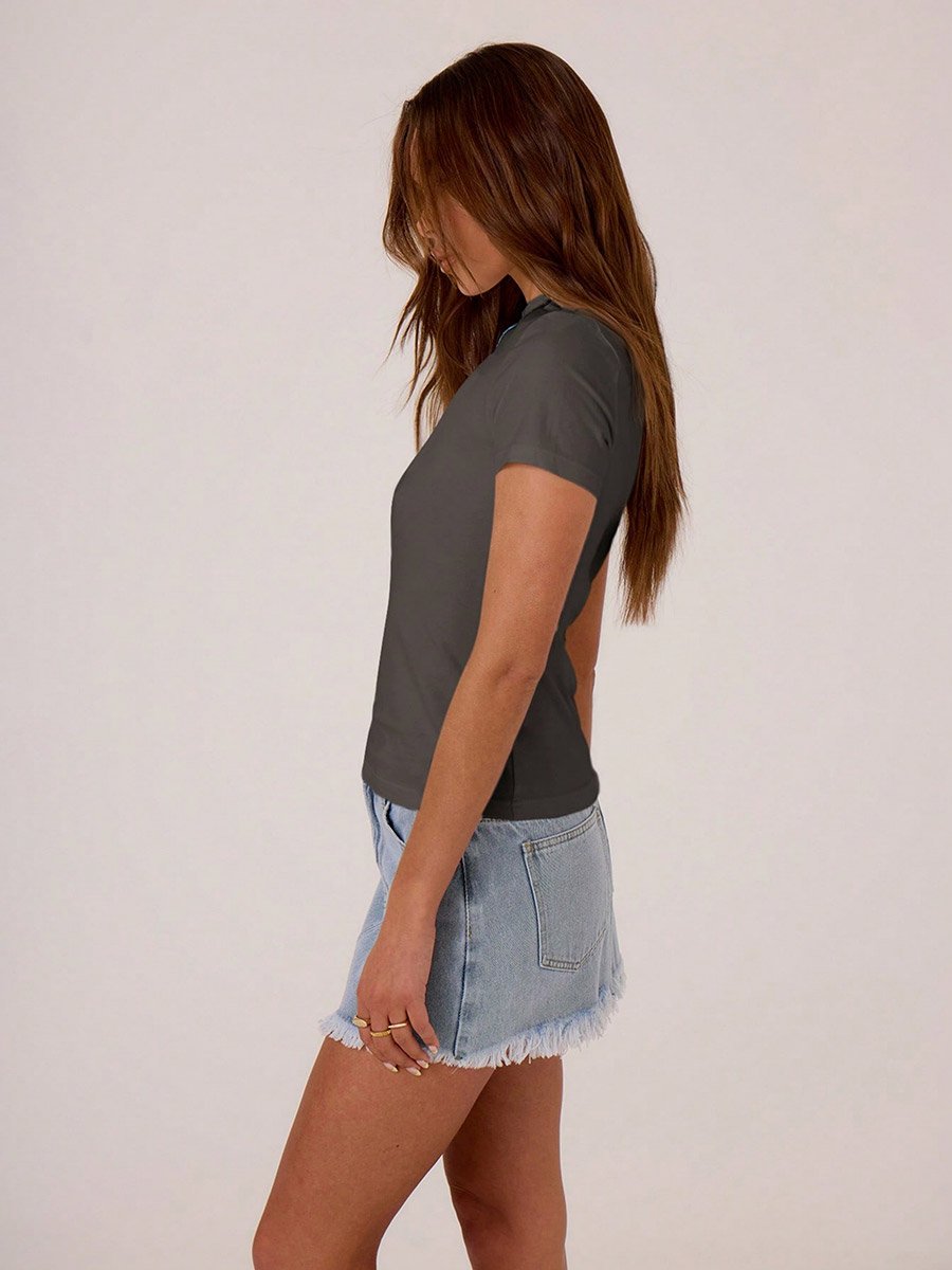 Charcoal Solid Round Neck Short Sleeve Crop T-Shirt