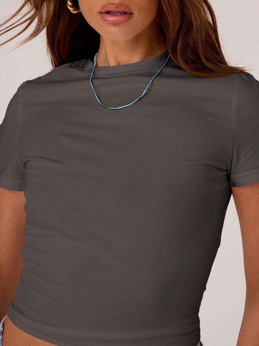 Charcoal Solid Round Neck Short Sleeve Crop T-Shirt