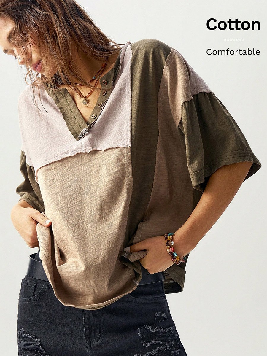 Khaki Color Block 100% Cotton Drop Shoulder T-Shirt