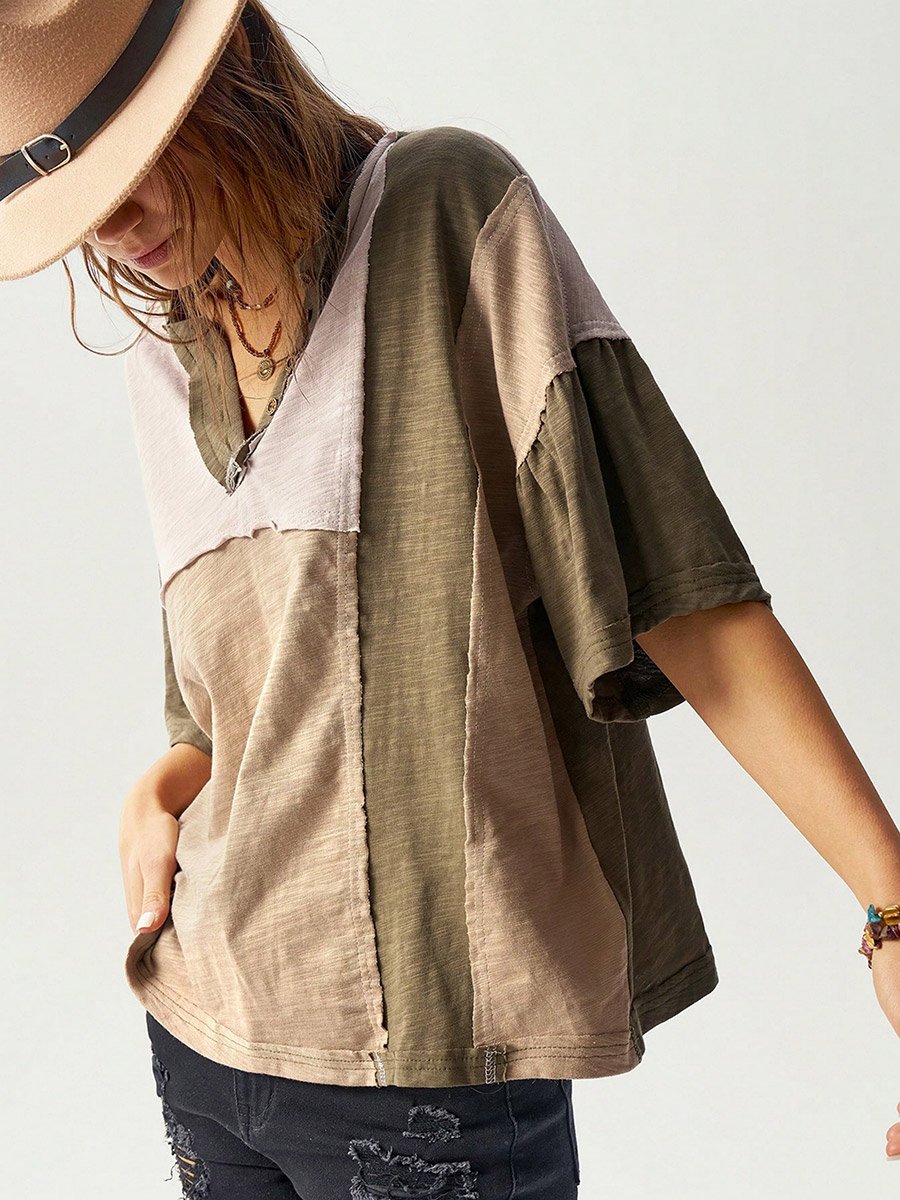 Khaki Color Block 100% Cotton Drop Shoulder T-Shirt
