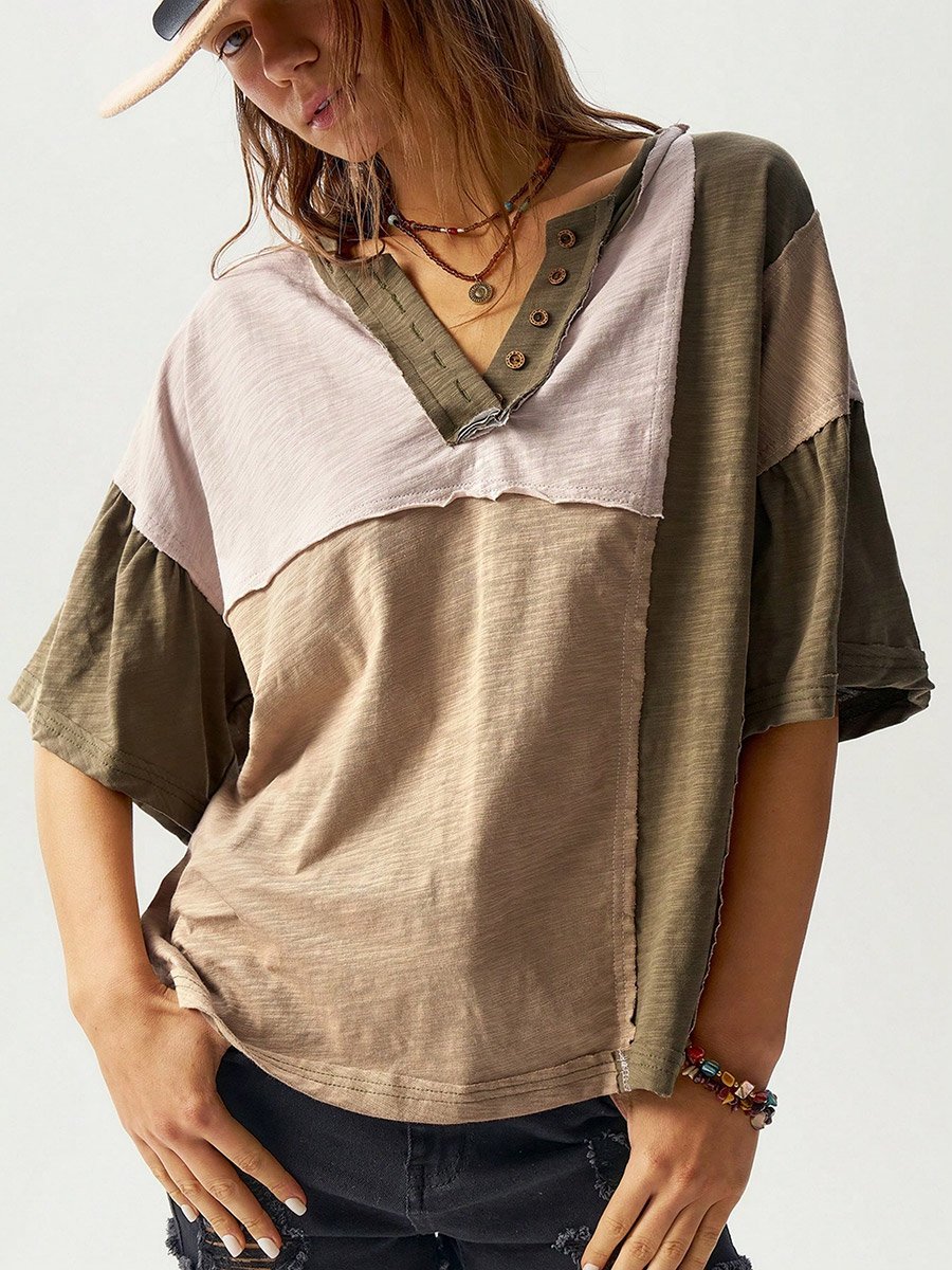 Khaki Color Block 100% Cotton Drop Shoulder T-Shirt