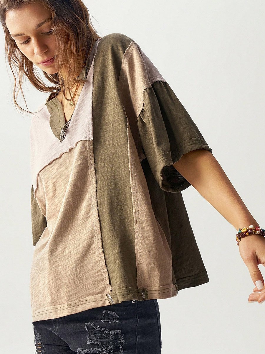 Khaki Color Block 100% Cotton Drop Shoulder T-Shirt