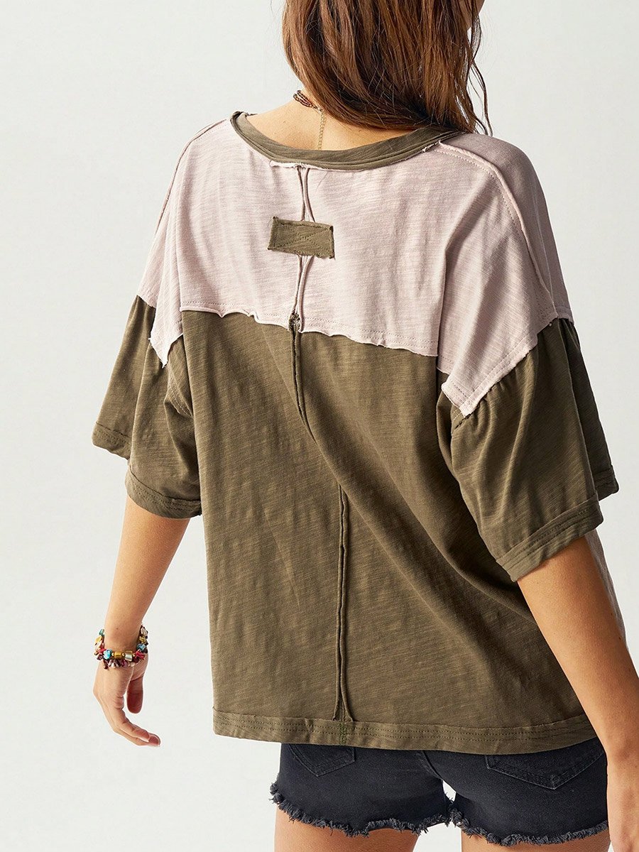 Khaki Color Block 100% Cotton Drop Shoulder T-Shirt