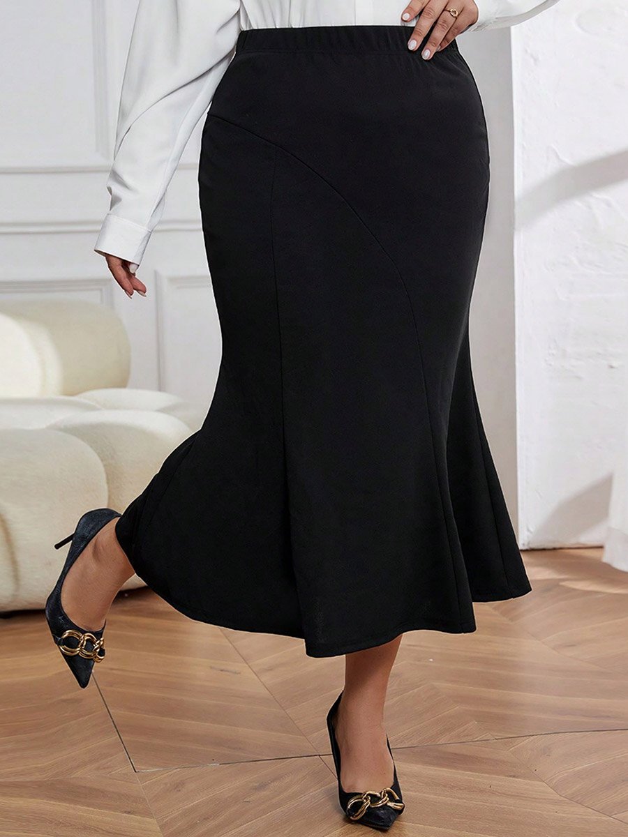 Plus Black Solid High Rise Mermaid Midi Skirt