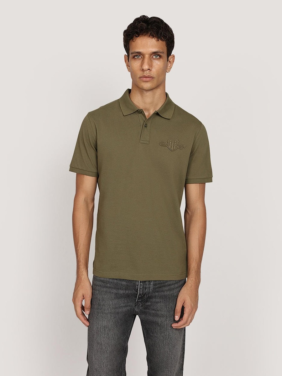 Men Regular Tonal Shield Short Sleeve Polo