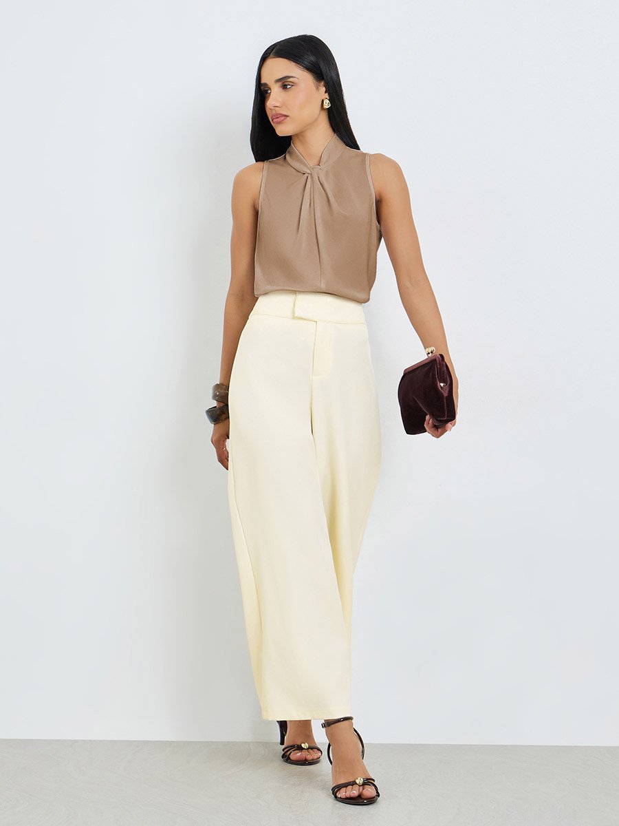 Cream Wide Leg Pants with Extended Waistband