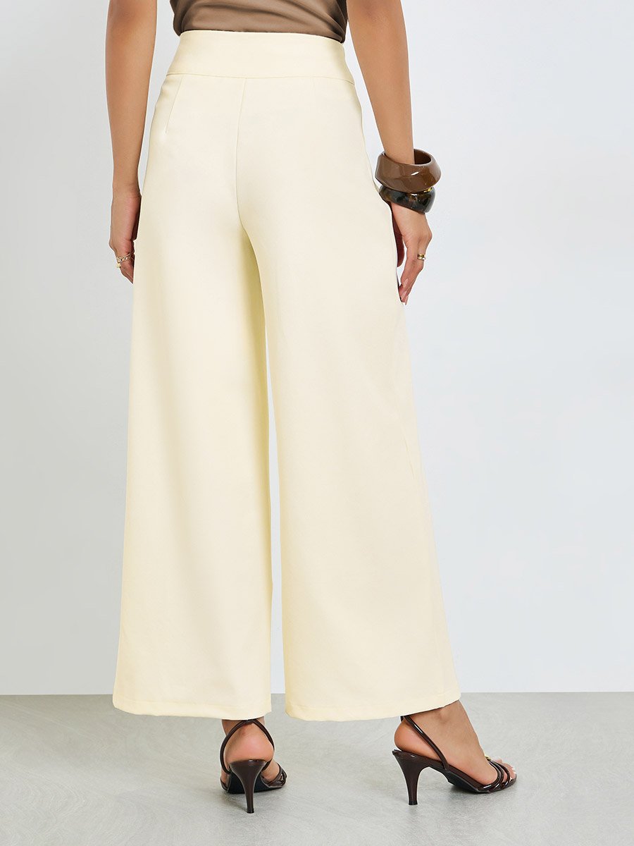 Cream Wide Leg Pants with Extended Waistband