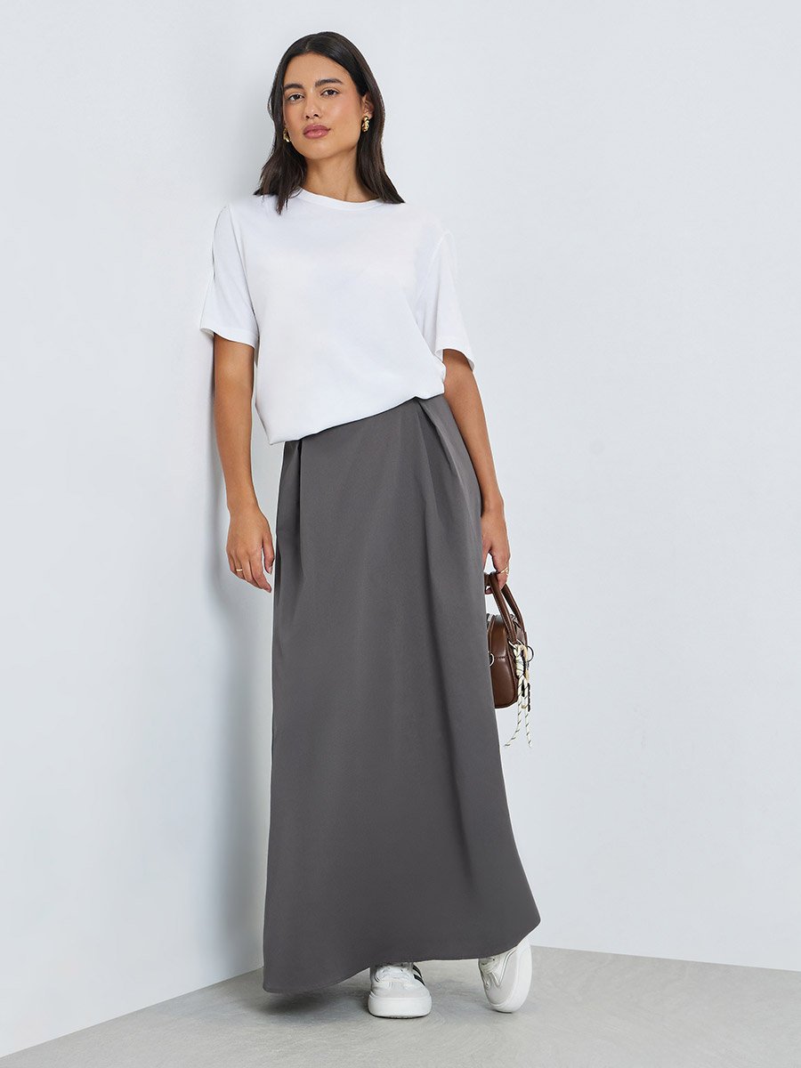 Charcoal A-Line Maxi Skirt with Fold Pleat