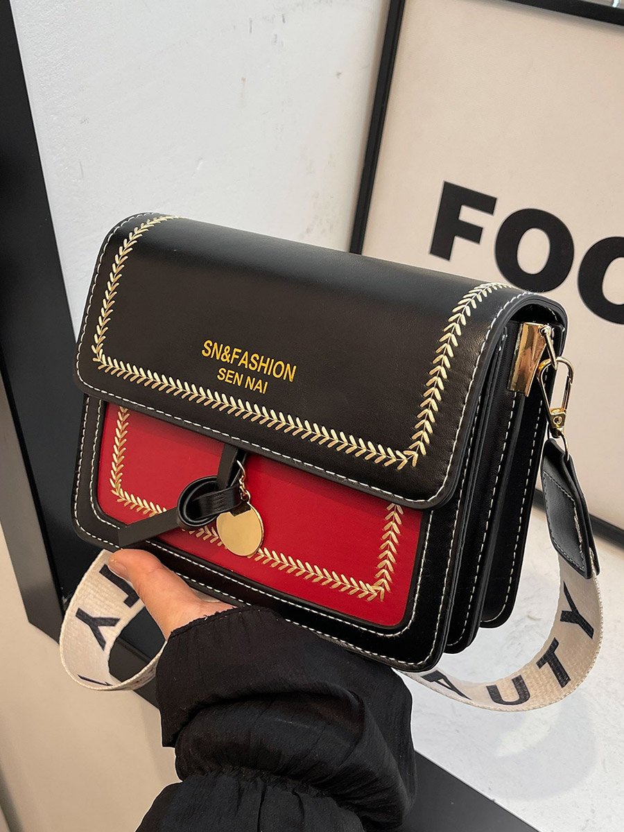 Black Color Block Shoulder Bag with Flap Closure