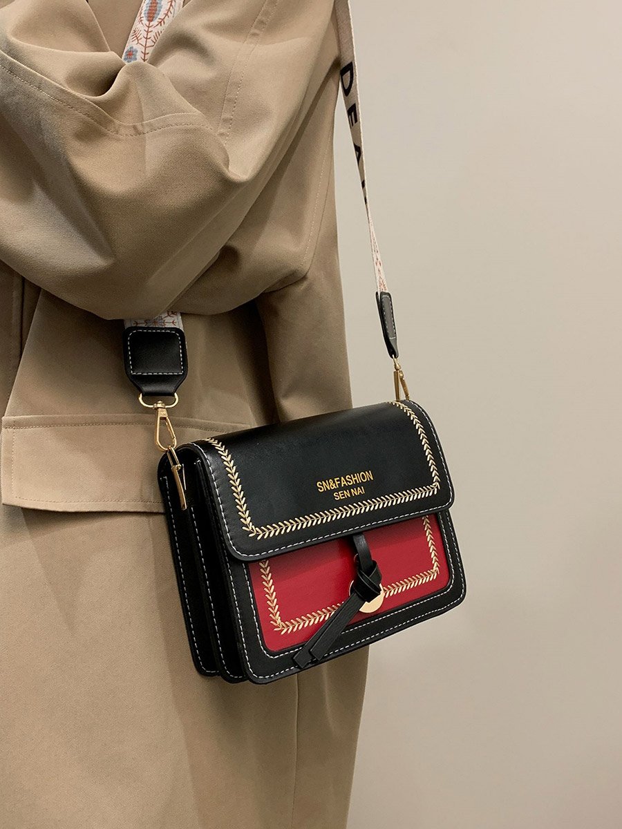 Black Color Block Shoulder Bag with Flap Closure