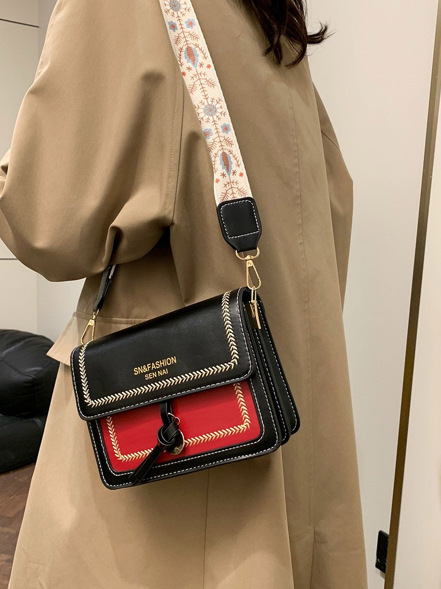 Black Color Block Shoulder Bag with Flap Closure