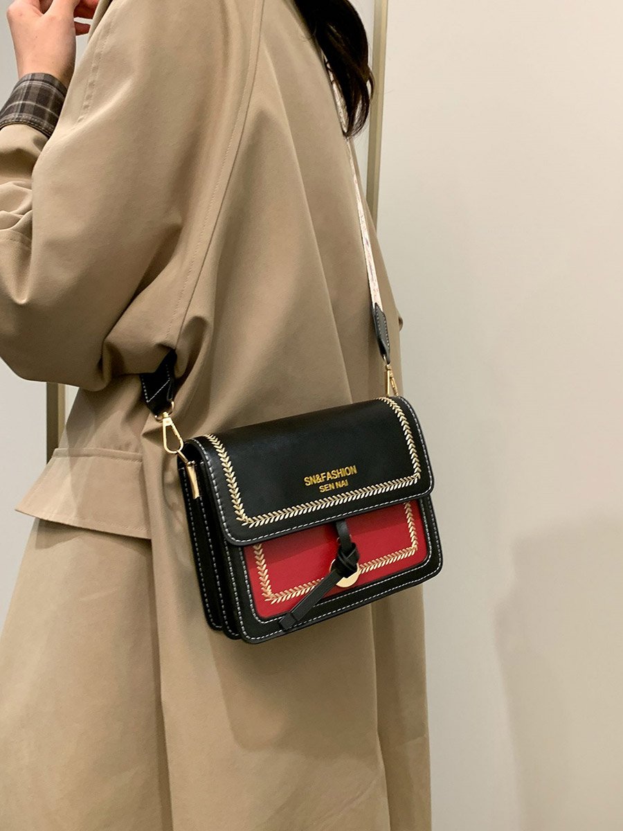Black Color Block Shoulder Bag with Flap Closure