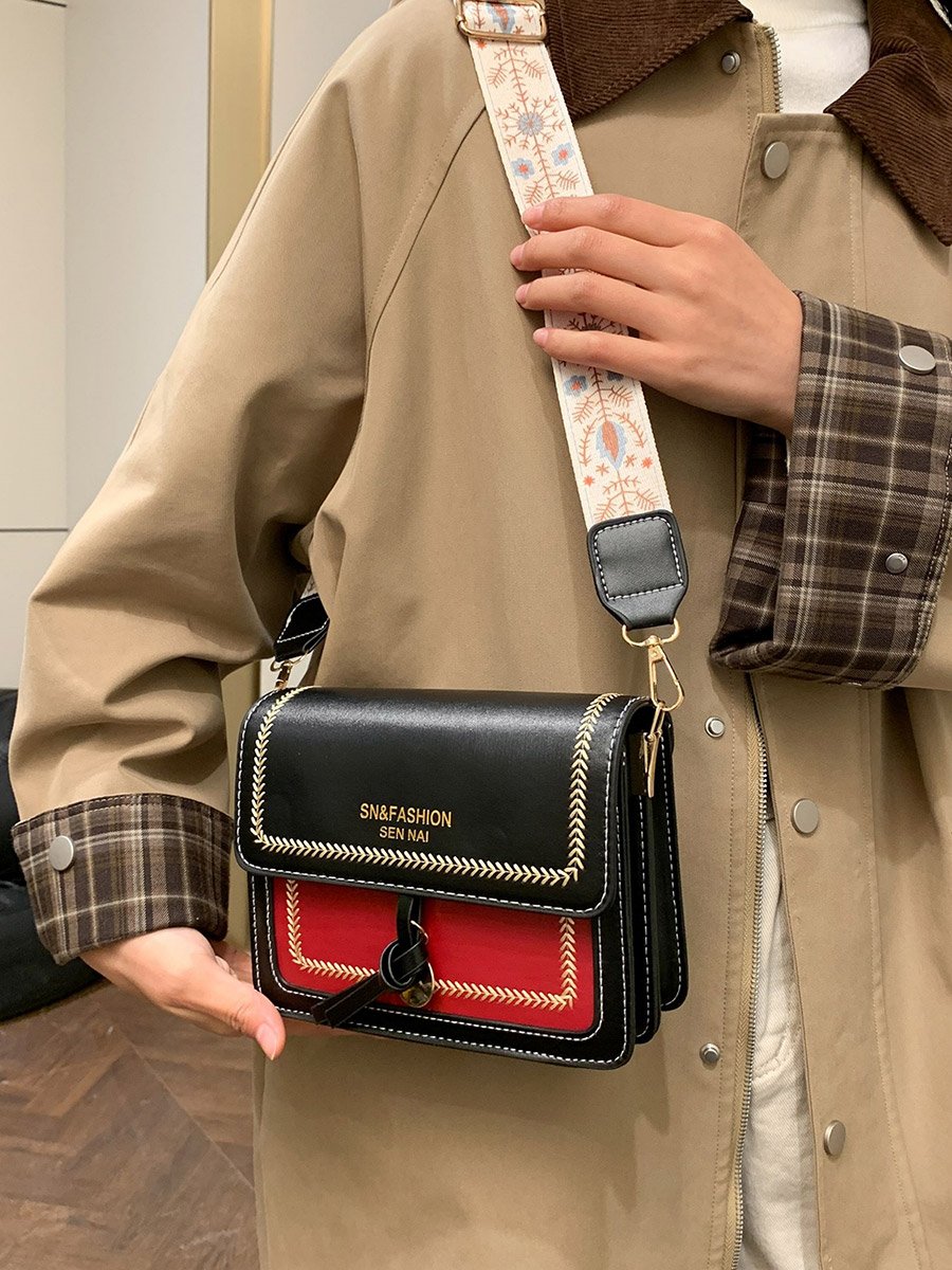 Black Color Block Shoulder Bag with Flap Closure