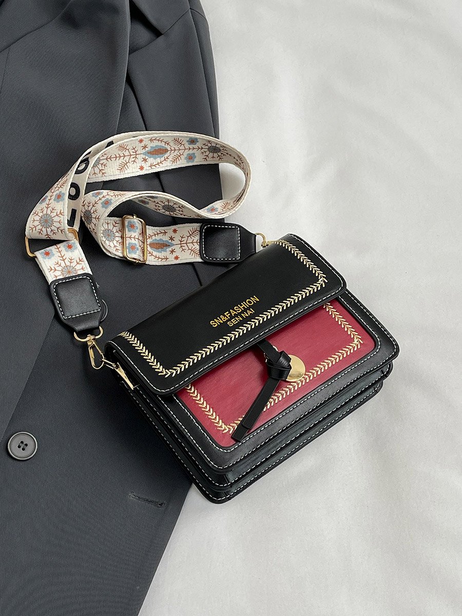 Black Color Block Shoulder Bag with Flap Closure