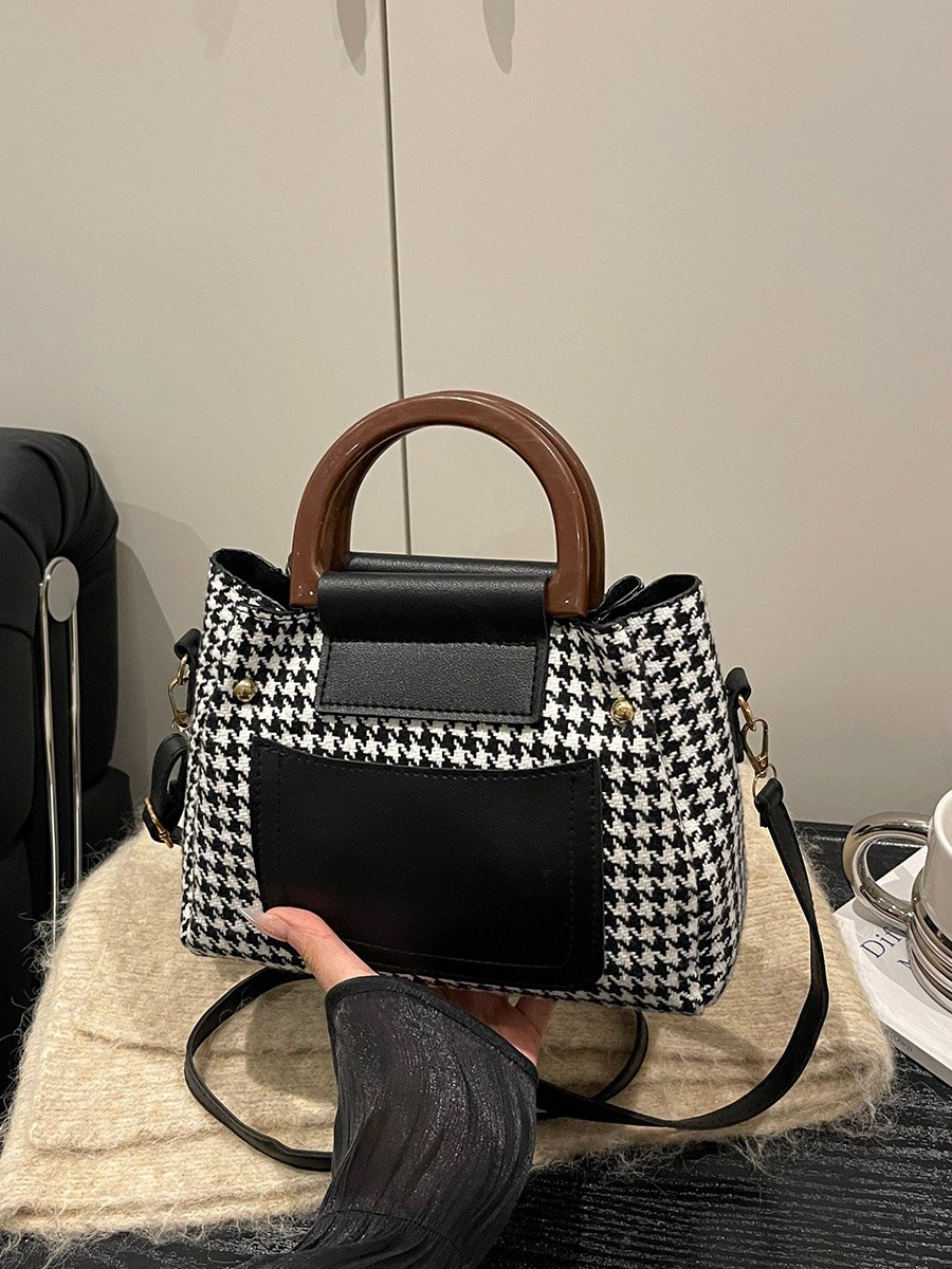 Houndstooth Handbag with Black Accents and Adjustable Strap