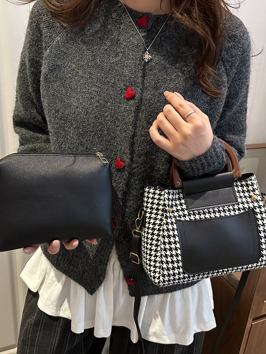 Houndstooth Handbag with Black Accents and Adjustable Strap