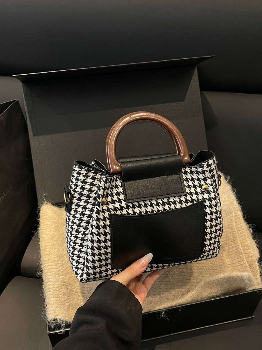 Houndstooth Handbag with Black Accents and Adjustable Strap