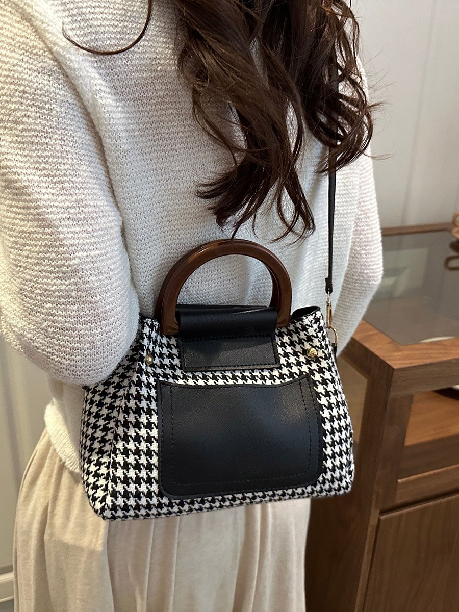 Houndstooth Handbag with Black Accents and Adjustable Strap