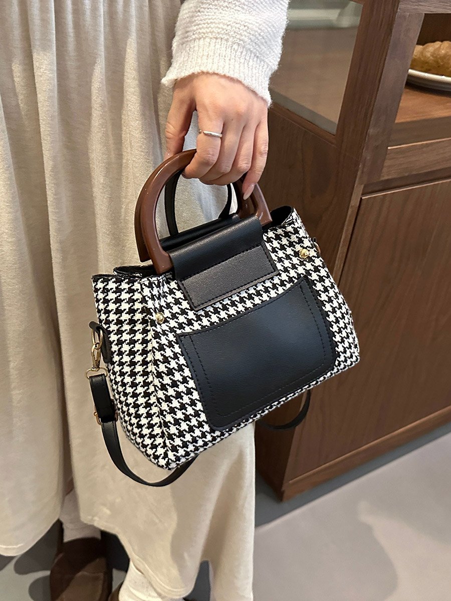 Houndstooth Handbag with Black Accents and Adjustable Strap