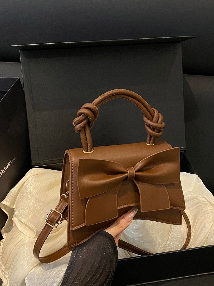 Coffee Brown Bow Handbag with Adjustable Strap