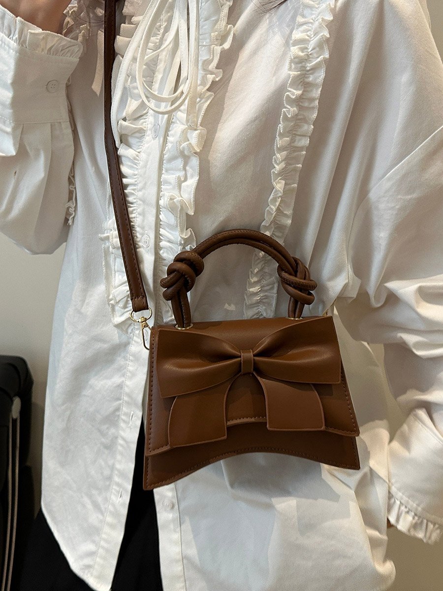Coffee Brown Bow Handbag with Adjustable Strap