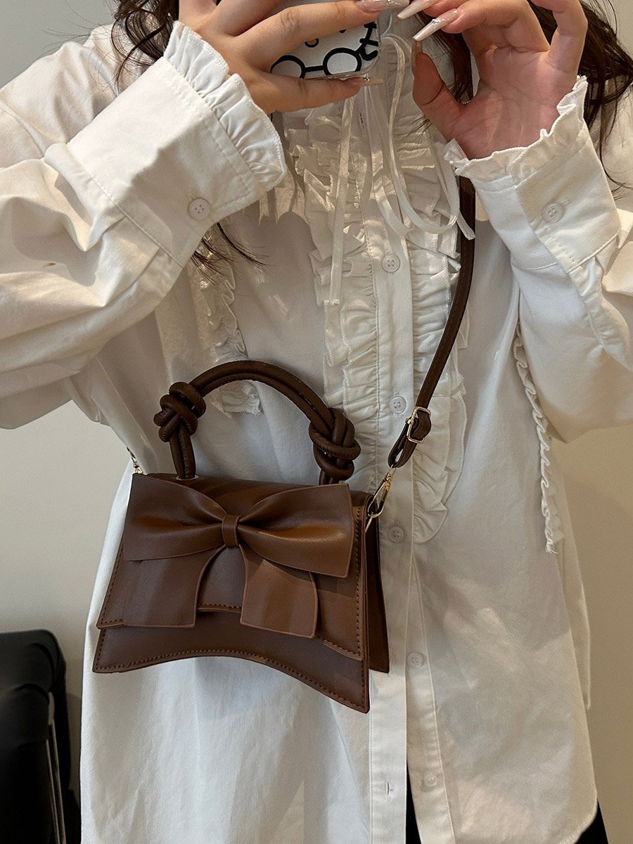 Coffee Brown Bow Handbag with Adjustable Strap