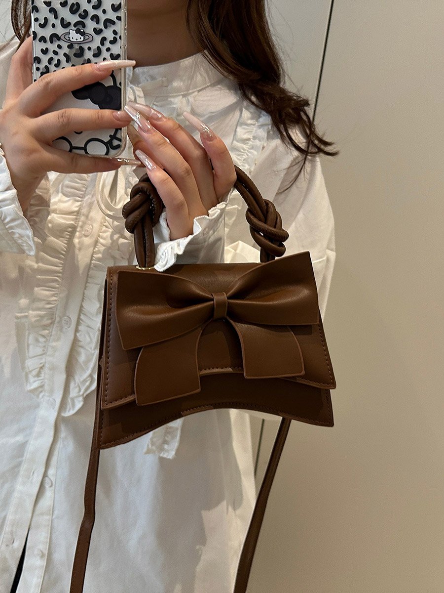 Coffee Brown Bow Handbag with Adjustable Strap