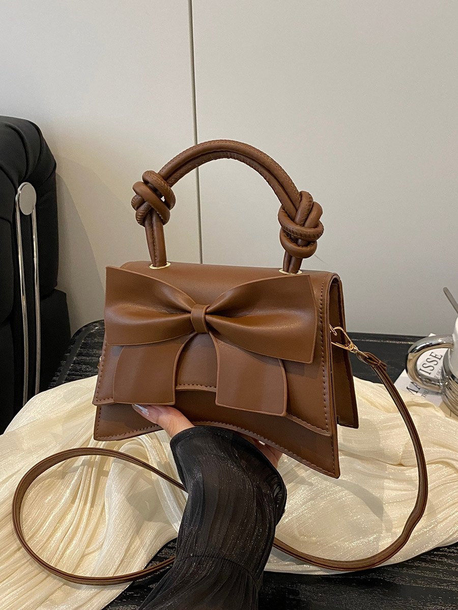 Coffee Brown Bow Handbag with Adjustable Strap