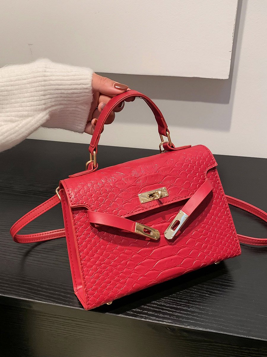 Red Croc Embossed Top Handle Bag