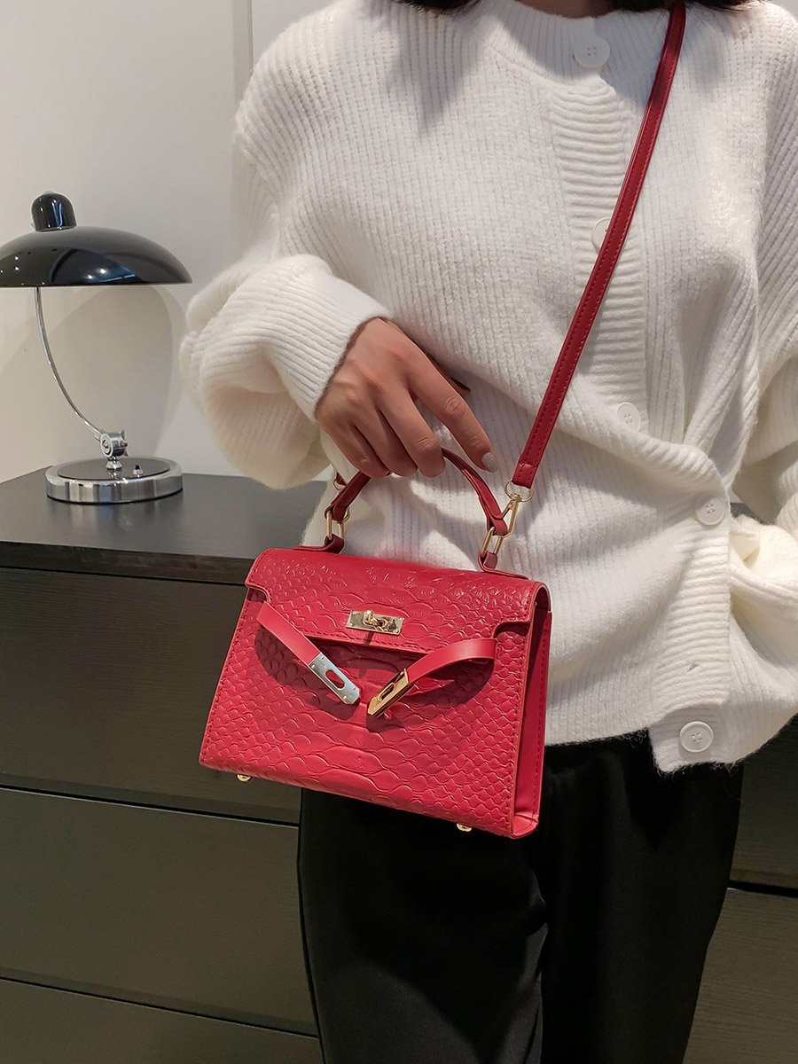 Red Croc Embossed Top Handle Bag