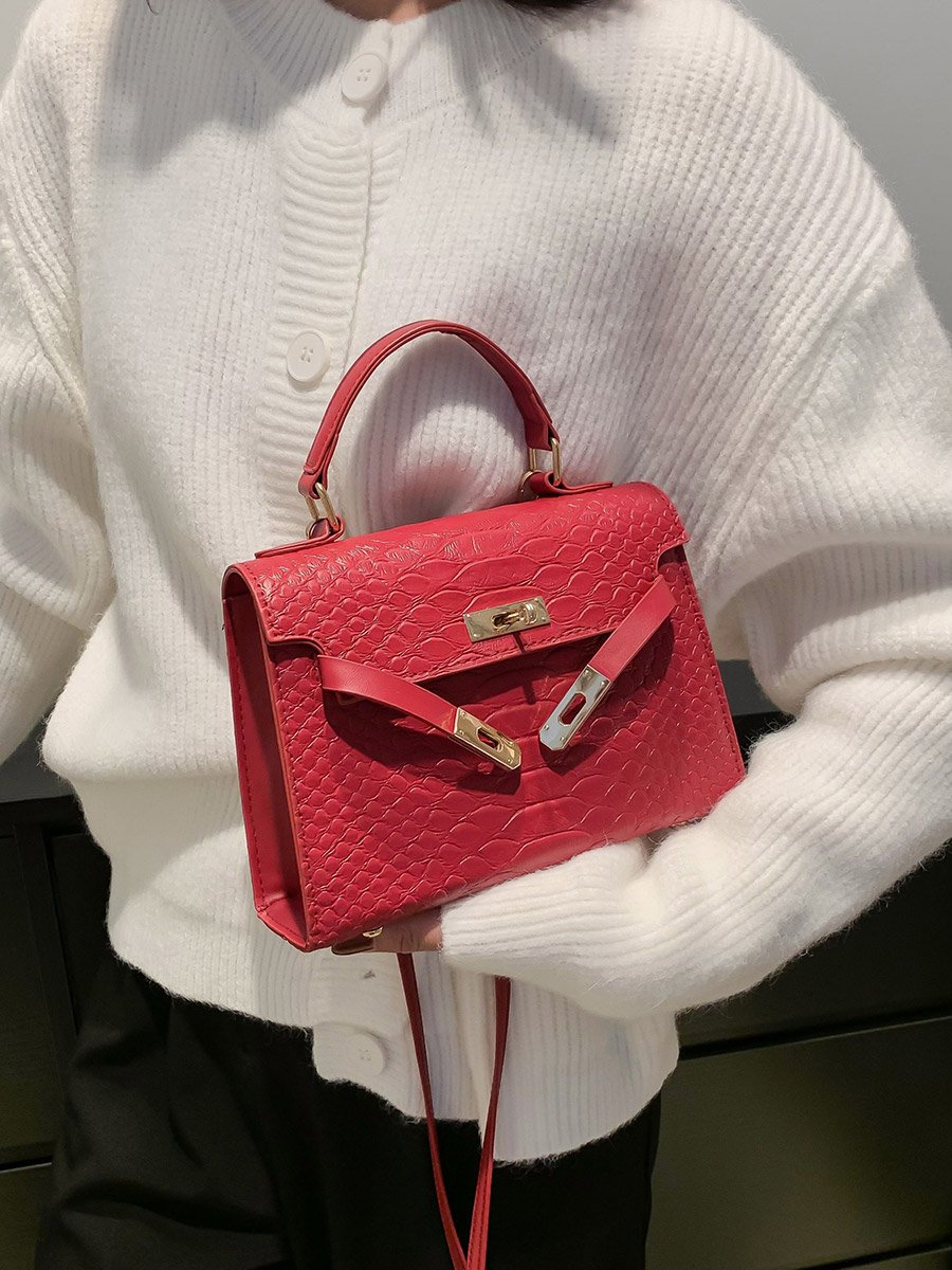 Red Croc Embossed Top Handle Bag