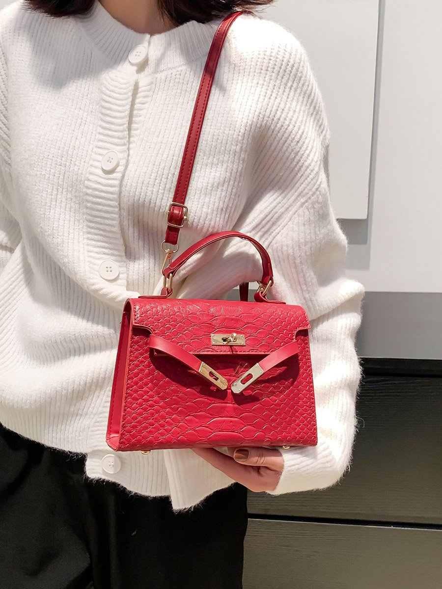 Red Croc Embossed Top Handle Bag