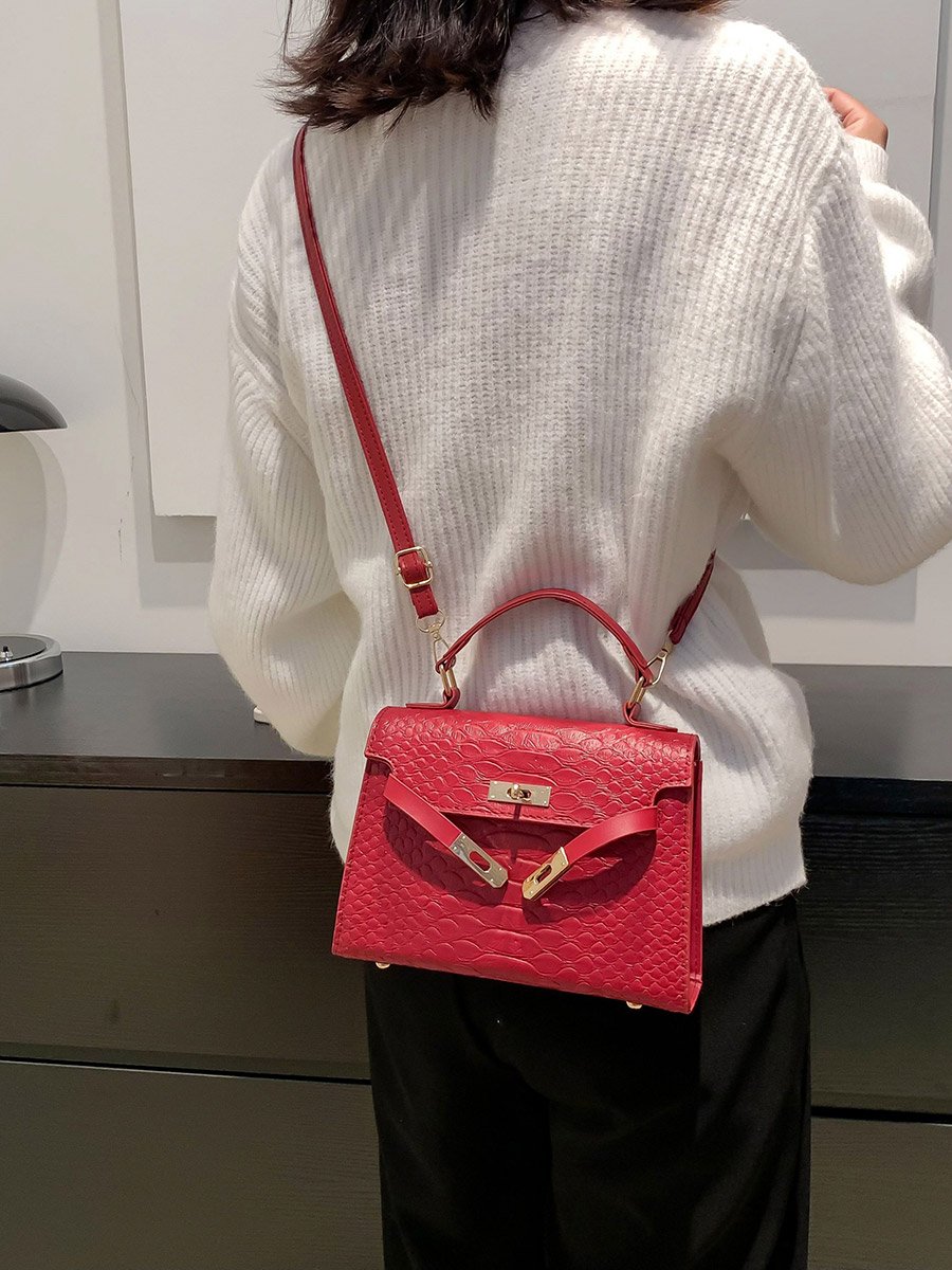 Red Croc Embossed Top Handle Bag