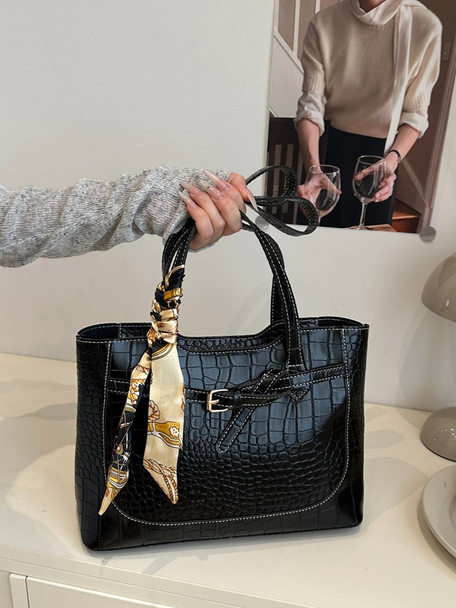 Black Croc-Embossed Shoulder Bag with Scarf Accent