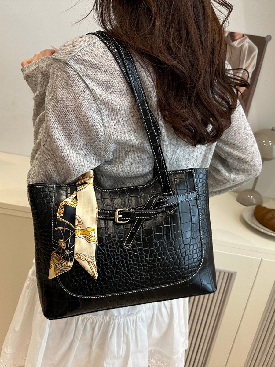 Black Croc-Embossed Shoulder Bag with Scarf Accent