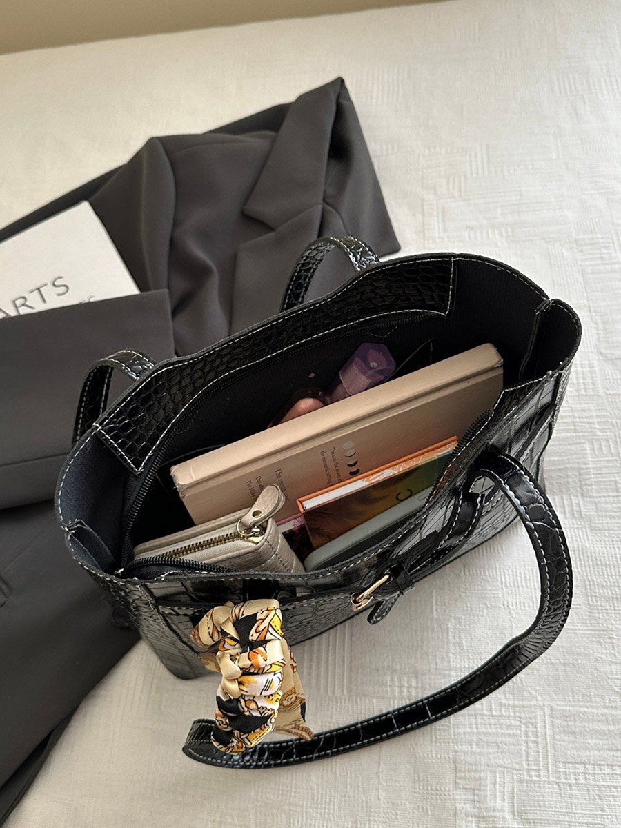 Black Croc-Embossed Shoulder Bag with Scarf Accent