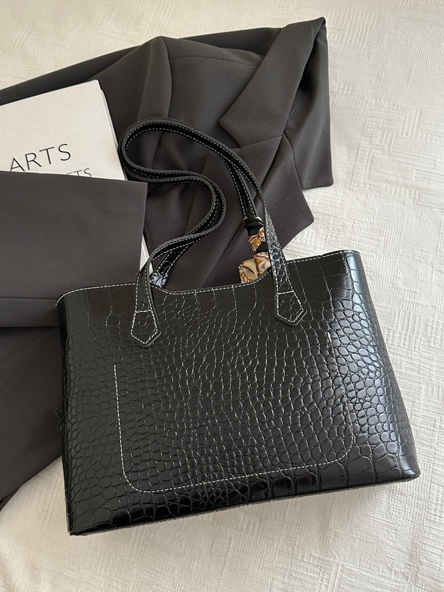 Black Croc-Embossed Shoulder Bag with Scarf Accent