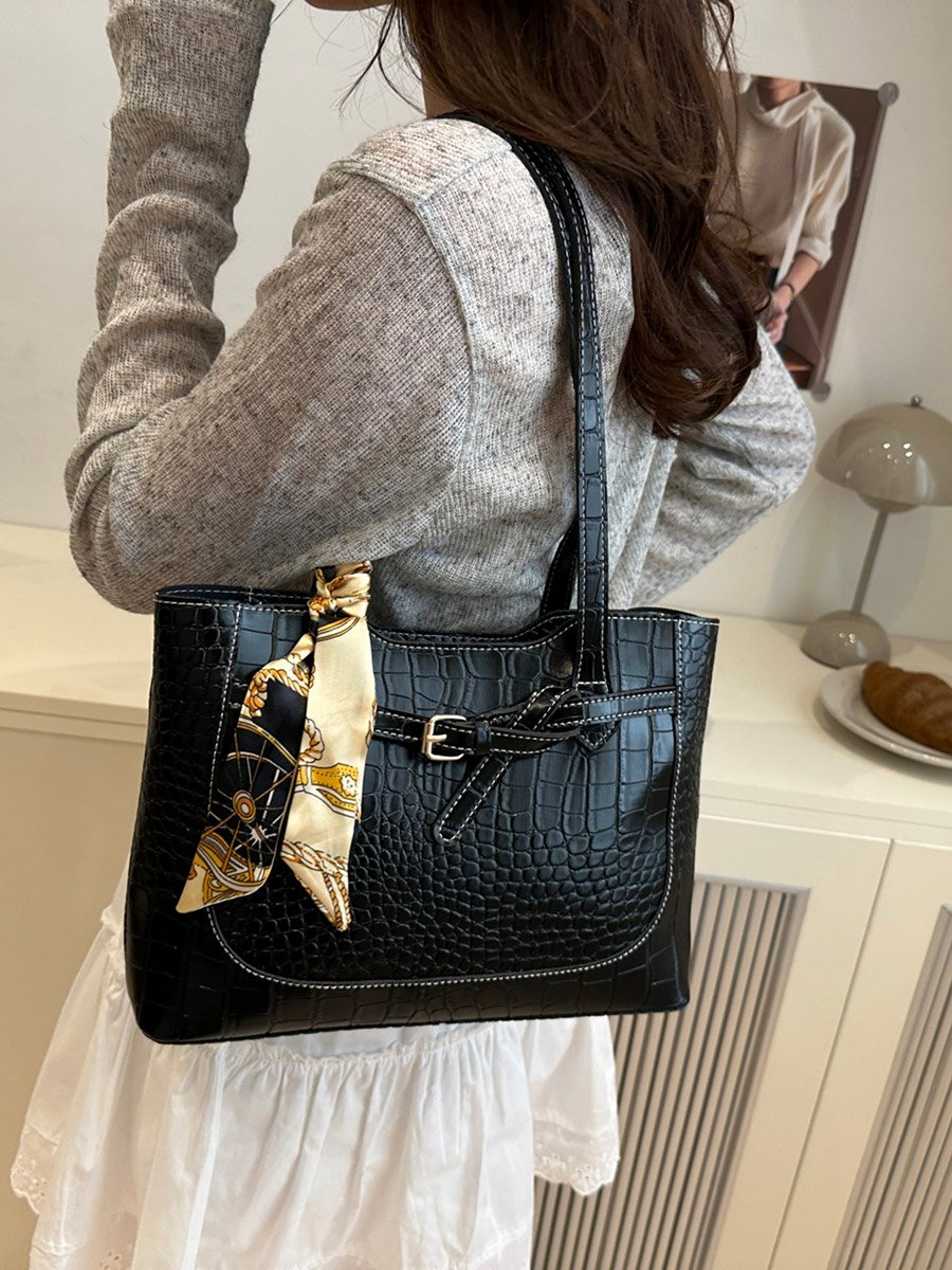Black Croc-Embossed Shoulder Bag with Scarf Accent