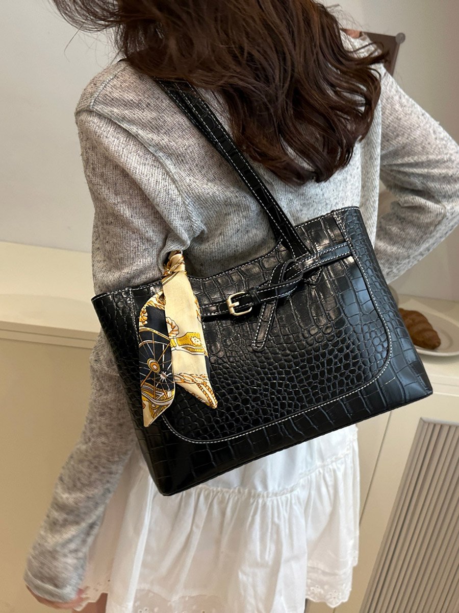 Black Croc-Embossed Shoulder Bag with Scarf Accent