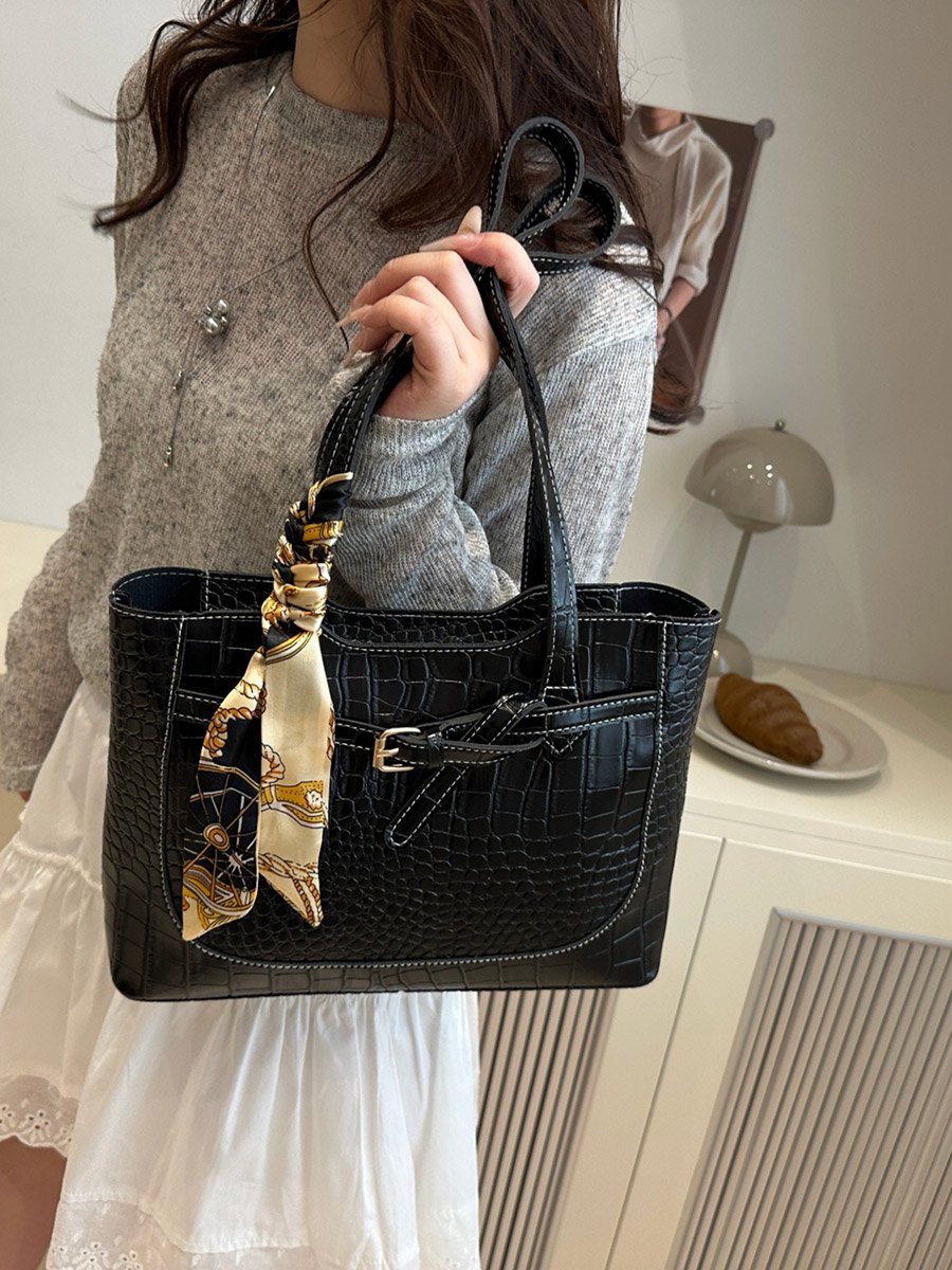 Black Croc-Embossed Shoulder Bag with Scarf Accent
